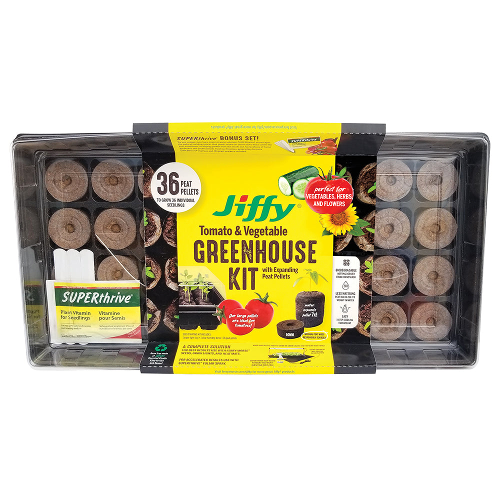 Jiffy brand seed starting kit, containing 36 peat pellets in a black tray with a clear plastic cover, labeled for tomato and vegetable growth